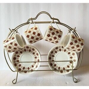 Liling Demitasse 6 Cups & Saucer Diamond Pattern & Metal Rack Holder Porcelain